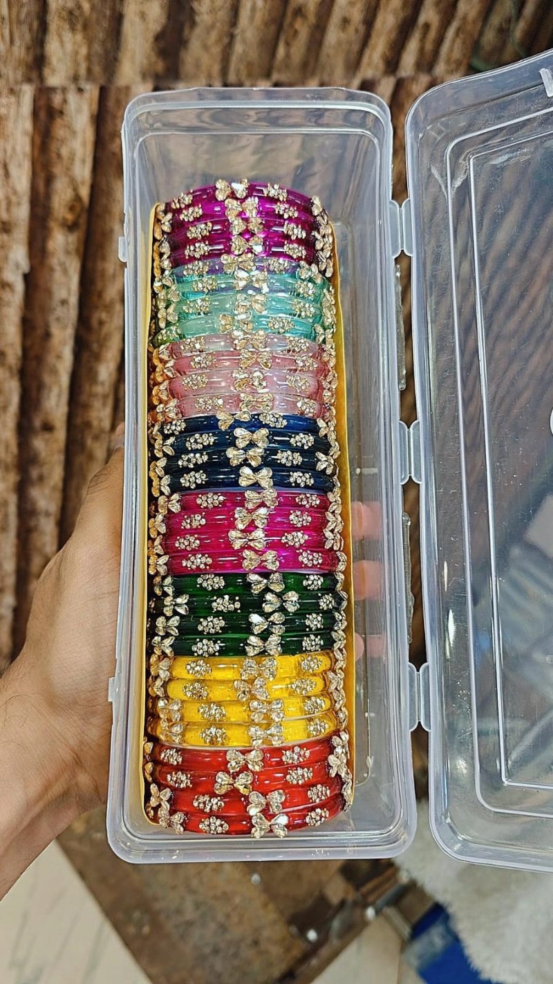 8 Colours Combo Box of Premium Stone & Kundan Glass Bangles